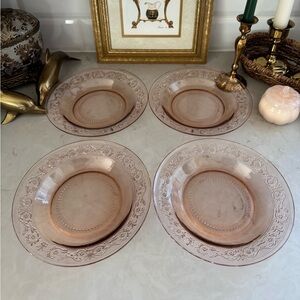 Vintage KIG Malaysia Fleur De Lis Pink Plates ,9" Depression Glass Set of 4